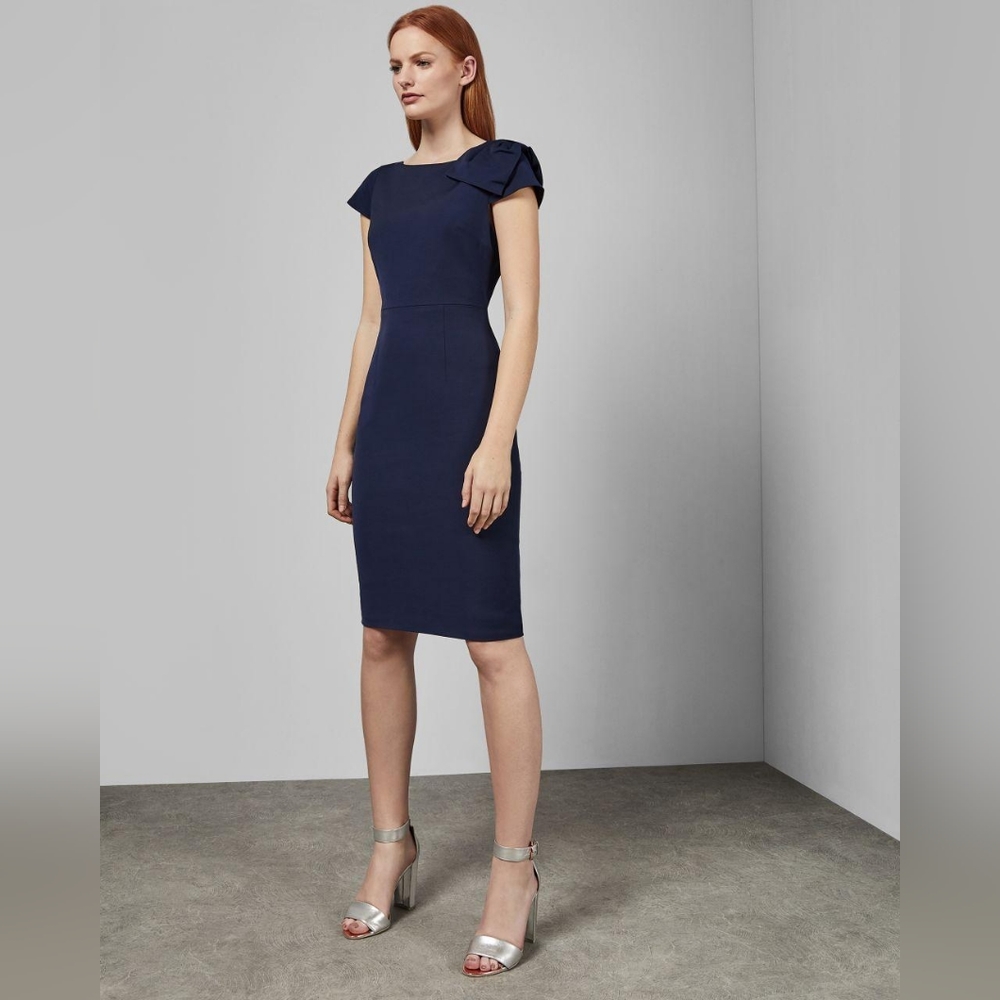 NWOT Stunning Ted Baker Jerolaa Bow Detail Fitted Dress in Navy Blue